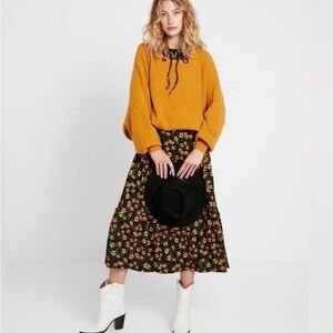 Free People Tiers Of Joy MIDI Dress Small Ditzy Floral Black Yellow
